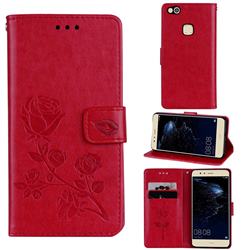 Embossing Rose Flower Leather Wallet Case for Huawei P10 Lite P10Lite - Red