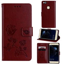 Embossing Rose Flower Leather Wallet Case for Huawei P10 Lite P10Lite - Brown