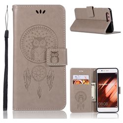 Intricate Embossing Owl Campanula Leather Wallet Case for Huawei P10 Plus - Grey