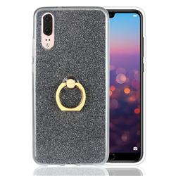 Luxury Soft TPU Glitter Back Ring Cover with 360 Rotate Finger Holder Buckle for Huawei P20 - Black