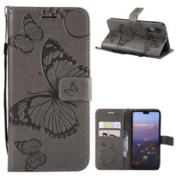 Embossing 3D Butterfly Leather Wallet Case for Huawei P20 - Gray
