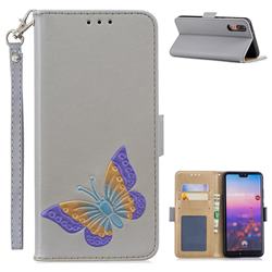 Imprint Embossing Butterfly Leather Wallet Case for Huawei P20 - Grey