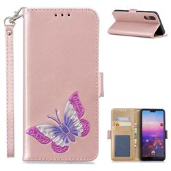 Imprint Embossing Butterfly Leather Wallet Case for Huawei P20 - Rose Gold