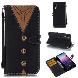 Mens Button Clothing Style Leather Wallet Phone Case for Huawei P20 - Black