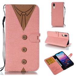 Mens Button Clothing Style Leather Wallet Phone Case for Huawei P20 - Pink