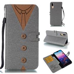 Mens Button Clothing Style Leather Wallet Phone Case for Huawei P20 - Gray
