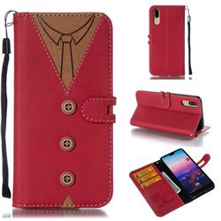 Mens Button Clothing Style Leather Wallet Phone Case for Huawei P20 - Red