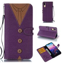 Mens Button Clothing Style Leather Wallet Phone Case for Huawei P20 - Purple