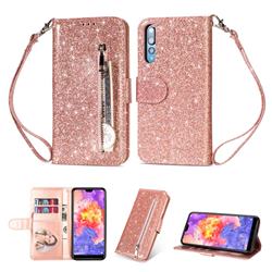 Glitter Shine Leather Zipper Wallet Phone Case for Huawei P20 - Pink
