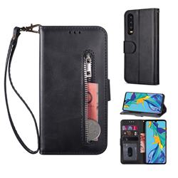 Retro Calfskin Zipper Leather Wallet Case Cover for Huawei P20 - Black