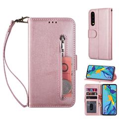 Retro Calfskin Zipper Leather Wallet Case Cover for Huawei P20 - Rose Gold