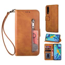 Retro Calfskin Zipper Leather Wallet Case Cover for Huawei P20 - Brown