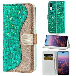 Glitter Diamond Buckle Laser Stitching Leather Wallet Phone Case for Huawei P20 - Green