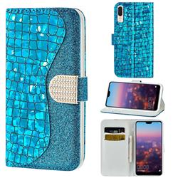 Glitter Diamond Buckle Laser Stitching Leather Wallet Phone Case for Huawei P20 - Blue