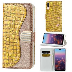 Glitter Diamond Buckle Laser Stitching Leather Wallet Phone Case for Huawei P20 - Gold