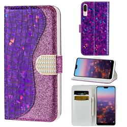 Glitter Diamond Buckle Laser Stitching Leather Wallet Phone Case for Huawei P20 - Purple