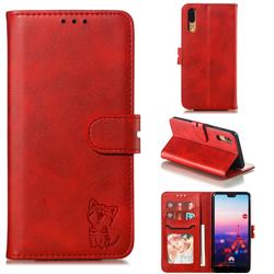 Embossing Happy Cat Leather Wallet Case for Huawei P20 - Red