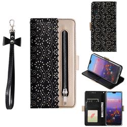 Luxury Lace Zipper Stitching Leather Phone Wallet Case for Huawei P20 - Black