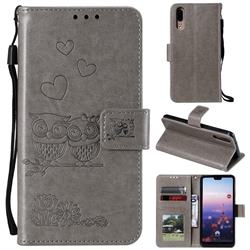 Embossing Owl Couple Flower Leather Wallet Case for Huawei P20 - Gray