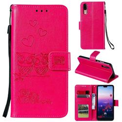 Embossing Owl Couple Flower Leather Wallet Case for Huawei P20 - Red