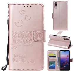 Embossing Owl Couple Flower Leather Wallet Case for Huawei P20 - Rose Gold
