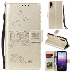Embossing Owl Couple Flower Leather Wallet Case for Huawei P20 - Golden