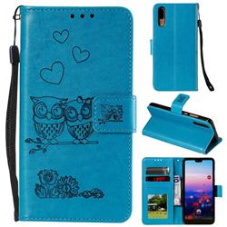 Embossing Owl Couple Flower Leather Wallet Case for Huawei P20 - Blue