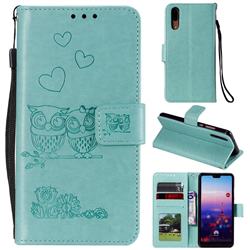 Embossing Owl Couple Flower Leather Wallet Case for Huawei P20 - Green