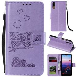 Embossing Owl Couple Flower Leather Wallet Case for Huawei P20 - Purple