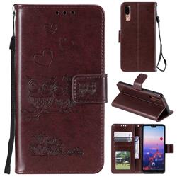 Embossing Owl Couple Flower Leather Wallet Case for Huawei P20 - Brown