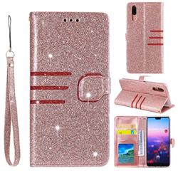 Retro Stitching Glitter Leather Wallet Phone Case for Huawei P20 - Rose Gold