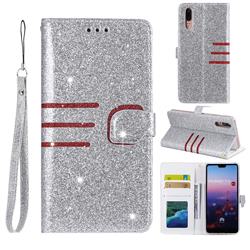 Retro Stitching Glitter Leather Wallet Phone Case for Huawei P20 - Silver