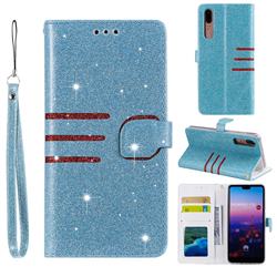 Retro Stitching Glitter Leather Wallet Phone Case for Huawei P20 - Blue