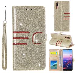 Retro Stitching Glitter Leather Wallet Phone Case for Huawei P20 - Golden