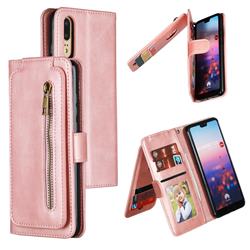 Multifunction 9 Cards Leather Zipper Wallet Phone Case for Huawei P20 - Rose Gold