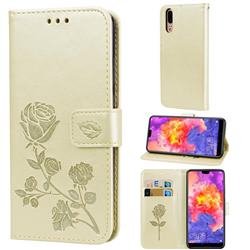 Embossing Rose Flower Leather Wallet Case for Huawei P20 - Golden
