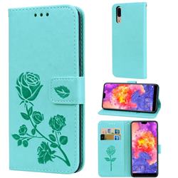 Embossing Rose Flower Leather Wallet Case for Huawei P20 - Green