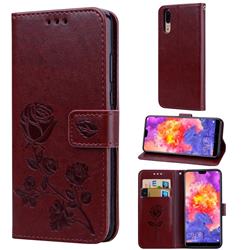 Embossing Rose Flower Leather Wallet Case for Huawei P20 - Brown