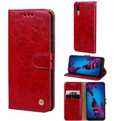 Luxury Retro Oil Wax PU Leather Wallet Phone Case for Huawei P20 - Brown Red