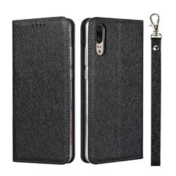 Ultra Slim Magnetic Automatic Suction Silk Lanyard Leather Flip Cover for Huawei P20 - Black