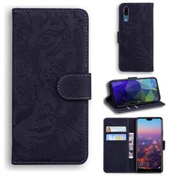 Intricate Embossing Tiger Face Leather Wallet Case for Huawei P20 - Black