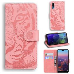 Intricate Embossing Tiger Face Leather Wallet Case for Huawei P20 - Pink
