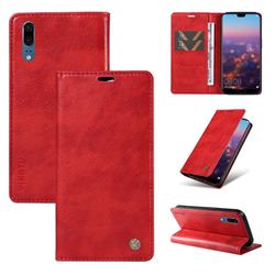 YIKATU Litchi Card Magnetic Automatic Suction Leather Flip Cover for Huawei P20 - Bright Red