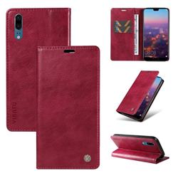 YIKATU Litchi Card Magnetic Automatic Suction Leather Flip Cover for Huawei P20 - Wine Red