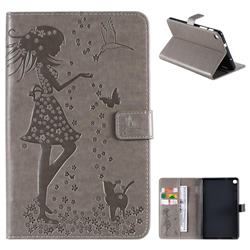 Embossing Flower Girl Cat Leather Flip Cover for Samsung Galaxy Tab A 8.0 2019 P200 (Tab A Plus 8) - Gray