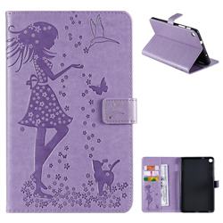 Embossing Flower Girl Cat Leather Flip Cover for Samsung Galaxy Tab A 8.0 2019 P200 (Tab A Plus 8) - Purple