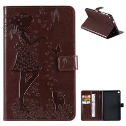 Embossing Flower Girl Cat Leather Flip Cover for Samsung Galaxy Tab A 8.0 2019 P200 (Tab A Plus 8) - Brown