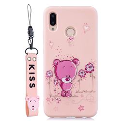 Pink Flower Bear Soft Kiss Candy Hand Strap Silicone Case for Huawei P20 Lite