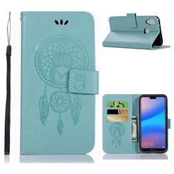 Intricate Embossing Owl Campanula Leather Wallet Case for Huawei P20 Lite - Green