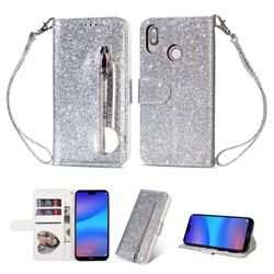 Glitter Shine Leather Zipper Wallet Phone Case for Huawei P20 Lite - Silver
